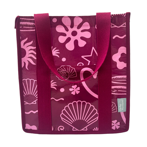 A square canvas tote bag with bright pink patterns on maroon colour.  Layla Print - Daily Bag - Reusable bags online | Weekender bags | Shopper bags | Pouches  Hello Weekend Beige canvas handles | Beach Bags