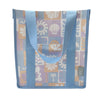 A square canvas tote bag with a pastel patchwork pattern featuring seashells, flowers, and palm trees in lavender, orange, and light blue, with solid light blue handles.  Lizzie Print - Daily Bag - Reusable bags online | Weekender bags | Shopper bags | Pouches  Hello Weekend Beige canvas handles | Beach Bags