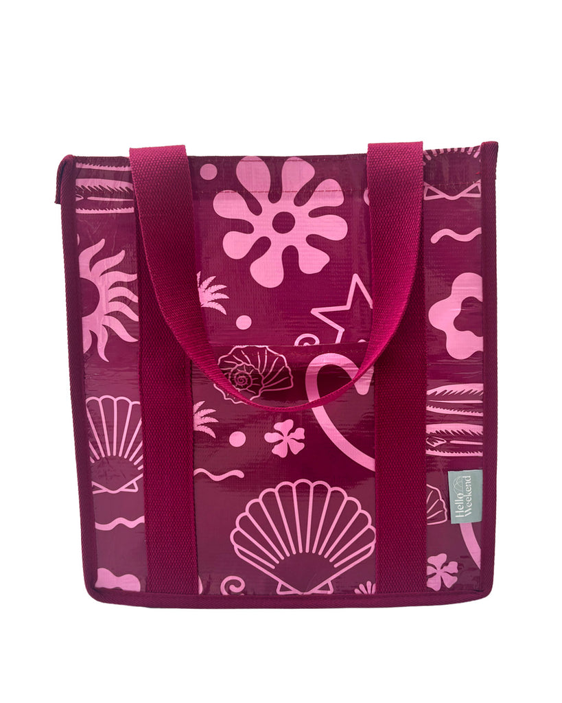 A square canvas tote bag with bright pink patterns on maroon colour.  Layla Print - Daily Bag - Reusable bags online | Weekender bags | Shopper bags | Pouches  Hello Weekend Beige canvas handles | Beach Bags