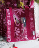A square canvas tote bag with bright pink patterns on maroon colour.  Layla Print - Daily Bag - Reusable bags online | Weekender bags | Shopper bags | Pouches  Hello Weekend Beige canvas handles | Beach Bags