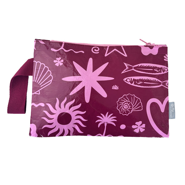 A handy rectangle shaped zippered pouch in a burgundy and pink print of ocean themed graphics including shells, fish and palm trees. Layla print - Good To Go Pouch - Reusable bags online | Daily bags | Shopper bags | Weekender bags | Hello Weekend Pouch