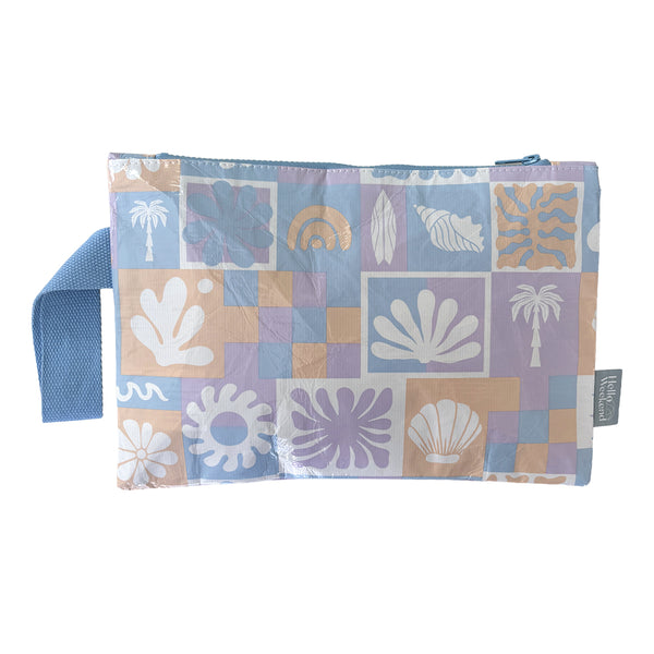 A handy rectangle shaped zippered pouch in a blue, purple and orange print. Lizzie print - Good To Go Pouch - Reusable bags online | Daily bags | Shopper bags | Weekender bags | Hello Weekend Pouch