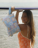 A handy rectangle shaped zippered pouch in a blue, purple and orange print. Lizzie print - Good To Go Pouch - Reusable bags online | Daily bags | Shopper bags | Weekender bags | Hello Weekend Pouch