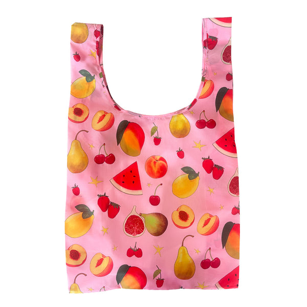 Reusable shopping bag with fruit pattern on a pink background. Fruit Print - Shopper Bag - Reusable bags online | Daily bags | Shopper bags | Weekender bags  Hello Weekend