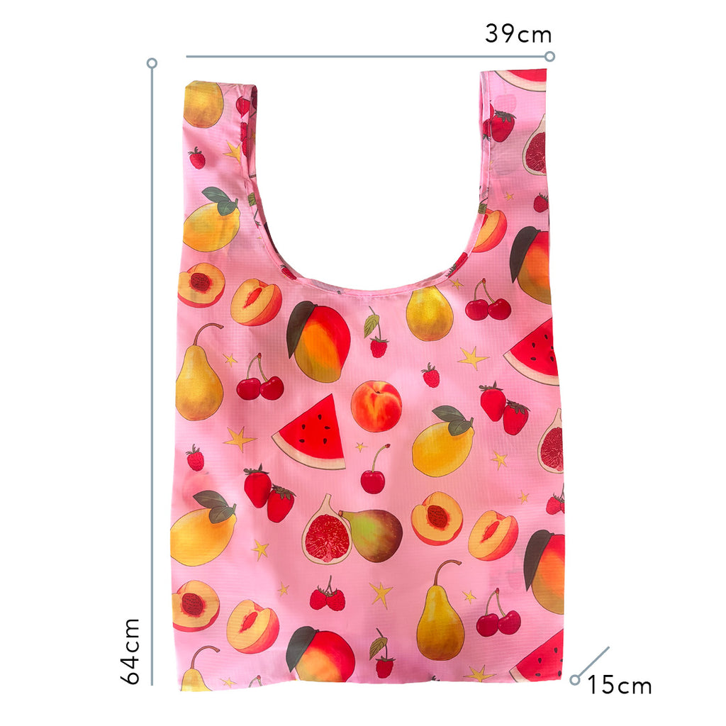 Reusable shopping bag with fruit pattern on a pink background. Fruit Print - Shopper Bag - Reusable bags online | Daily bags | Shopper bags | Weekender bags  Hello Weekend