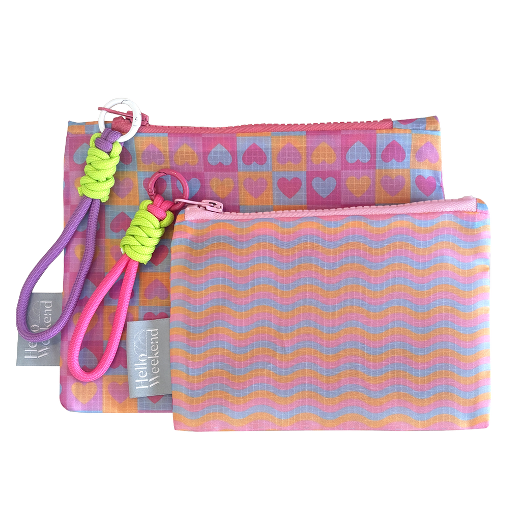 Colourful Heart and waves pattern print  | Mini Set of zipper pouches | Shopper Bag Reusable bags online | Daily bags | Shopper bags | Weekender bags  Hello Weekend 