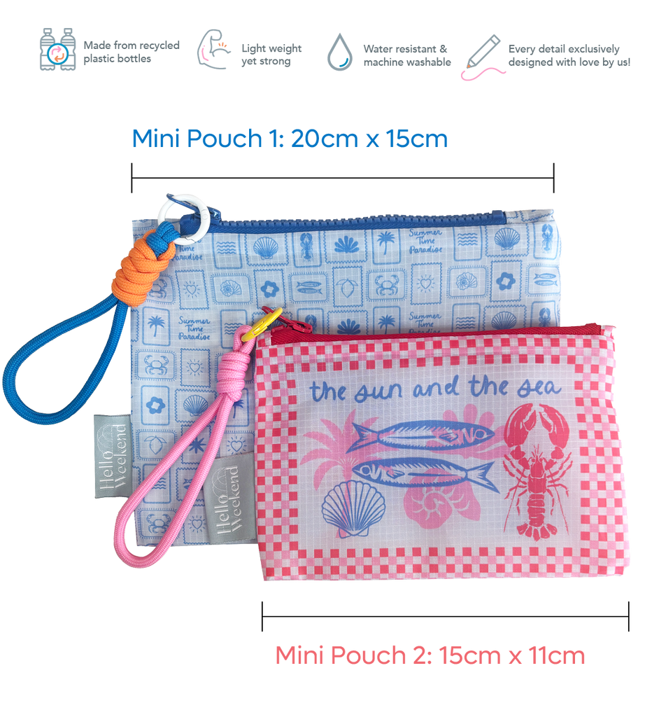Colourful blue and red seaside print with sardines and Lobster  | Mini Set of zipper pouches | Shopper Bag Reusable bags online | Daily bags | Shopper bags | Weekender bags  Hello Weekend 