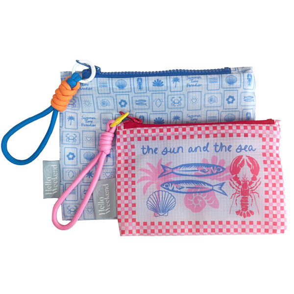 Colourful blue and red seaside print with sardines and Lobster  | Mini Set of zipper pouches | Shopper Bag Reusable bags online | Daily bags | Shopper bags | Weekender bags  Hello Weekend 