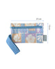 A small zippered pouch with a blue wrist strap, featuring a patchwork pattern of light blue, lavender, and peach squares with white floral and leaf motifs. A small fabric tag on the right reads Hello Weekend. Lizzie  Print - Phone Pouch - Reusable bags online | Daily bags | Shopper bags | Weekender bags  Hello Weekend