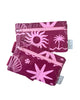 A small zippered pouch with a maroon wrist strap, featuring a palm tree and sun mixed pattern of bright pink shapes on a maroon colour. A small fabric tag on the right reads Hello Weekend. Layla Print - Phone Pouch - Reusable bags online | Daily bags | Shopper bags | Weekender bags  Hello Weekend
