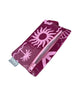 A small zippered pouch with a maroon wrist strap, featuring a palm tree and sun mixed pattern of bright pink shapes on a maroon colour. A small fabric tag on the right reads Hello Weekend. Layla Print - Phone Pouch - Reusable bags online | Daily bags | Shopper bags | Weekender bags  Hello Weekend