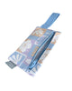 A small zippered pouch with a blue wrist strap, featuring a patchwork pattern of light blue, lavender, and peach squares with white floral and leaf motifs. A small fabric tag on the right reads Hello Weekend. Lizzie  Print - Phone Pouch - Reusable bags online | Daily bags | Shopper bags | Weekender bags  Hello Weekend
