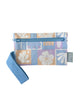A small zippered pouch with a blue wrist strap, featuring a patchwork pattern of light blue, lavender, and peach squares with white floral and leaf motifs. A small fabric tag on the right reads Hello Weekend. Lizzie  Print - Phone Pouch - Reusable bags online | Daily bags | Shopper bags | Weekender bags  Hello Weekend