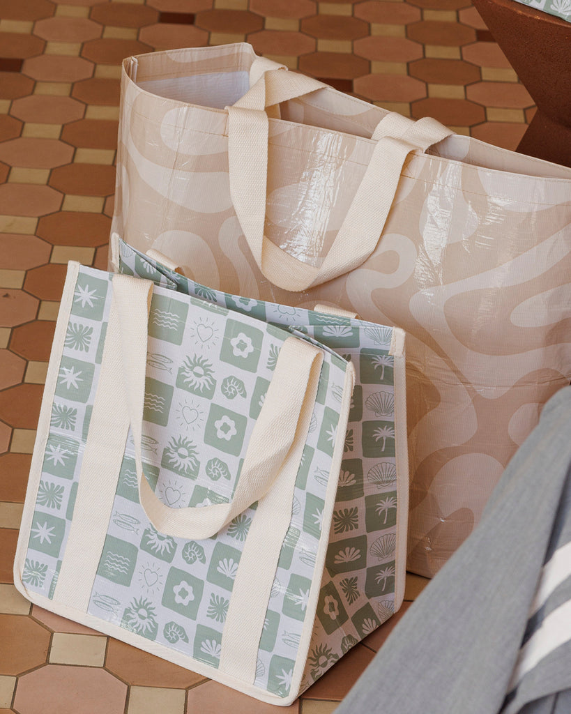 Sage Checkerboard- Daily Bag - Reusable bags online | Weekender bags | Shopper bags | Pouches  Hello Weekend Beige canvas handles | Beach Bags