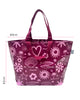 A Hello Weekend magenta tote bag with a pink and white ocean-themed pattern featuring seashells, starfish, waves, and a heart with two sets of maroon cotton canvas straps. Layla Print - Weekender Bag - Reusable bags online | Daily bags | Shopper bags | Pouches  Hello Weekend Beige canvas handles | Beach Bags