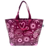 A Hello Weekend magenta tote bag with a pink and white ocean-themed pattern featuring seashells, starfish, waves, and a heart with two sets of maroon cotton canvas straps. Layla Print - Weekender Bag - Reusable bags online | Daily bags | Shopper bags | Pouches  Hello Weekend Beige canvas handles | Beach Bags