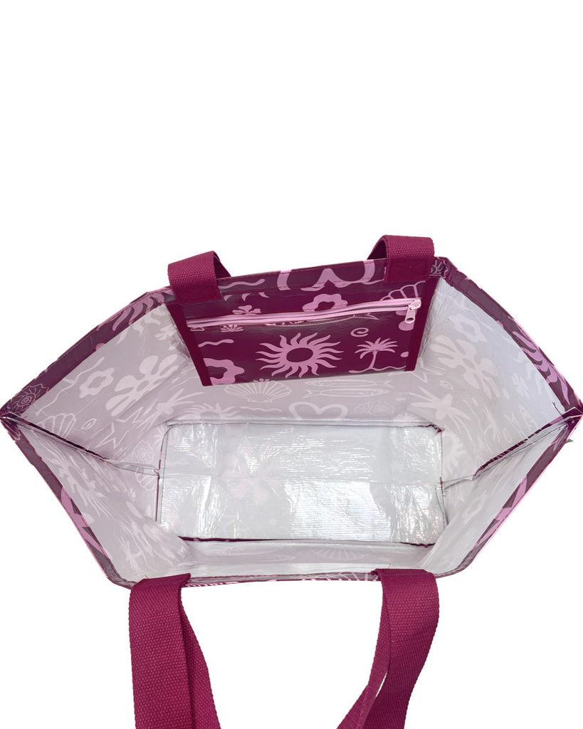 An inside view of a Hello Weekend magenta tote bag with a pink and white ocean-themed pattern featuring seashells, starfish, waves, and a heart with two sets of maroon cotton canvas straps. Layla Print - Weekender Bag - Reusable bags online | Daily bags | Shopper bags | Pouches  Hello Weekend Beige canvas handles | Beach Bags