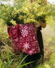 A Hello Weekend magenta tote bag with a pink and white ocean-themed pattern featuring seashells, starfish, waves, and a heart with two sets of maroon cotton canvas straps. Layla Print - Weekender Bag - Reusable bags online | Daily bags | Shopper bags | Pouches  Hello Weekend Beige canvas handles | Beach Bags