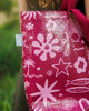 A Hello Weekend magenta tote bag with a pink and white ocean-themed pattern featuring seashells, starfish, waves, and a heart with two sets of maroon cotton canvas straps. Layla Print - Weekender Bag - Reusable bags online | Daily bags | Shopper bags | Pouches  Hello Weekend Beige canvas handles | Beach Bags