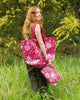 A Hello Weekend magenta tote bag with a pink and white ocean-themed pattern featuring seashells, starfish, waves, and a heart with two sets of maroon cotton canvas straps. Layla Print - Weekender Bag - Reusable bags online | Daily bags | Shopper bags | Pouches  Hello Weekend Beige canvas handles | Beach Bags