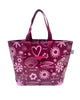A Hello Weekend magenta tote bag with a pink and white ocean-themed pattern featuring seashells, starfish, waves, and a heart with two sets of maroon cotton canvas straps. Layla Print - Weekender Bag - Reusable bags online | Daily bags | Shopper bags | Pouches  Hello Weekend Beige canvas handles | Beach Bags