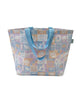 A Hello Weekend large bag with a pastel patchwork pattern featuring beach motifs like seashells, palm trees, and waves in lavender, blue, orange, and white, with light blue handles. Lizzie Print - Weekender Bag - Reusable bags online | Daily bags | Shopper bags | Pouches  Hello Weekend Beige canvas handles | Beach Bags