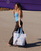 A Hello Weekend large bag with a pastel patchwork pattern featuring beach motifs like seashells, palm trees, and waves in lavender, blue, orange, and white, with light blue handles. Lizzie Print - Weekender Bag - Reusable bags online | Daily bags | Shopper bags | Pouches  Hello Weekend Beige canvas handles | Beach Bags