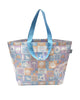 A Hello Weekend large bag with a pastel patchwork pattern featuring beach motifs like seashells, palm trees, and waves in lavender, blue, orange, and white, with light blue handles. Lizzie Print - Weekender Bag - Reusable bags online | Daily bags | Shopper bags | Pouches  Hello Weekend Beige canvas handles | Beach Bags